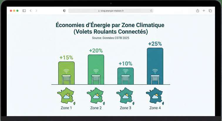 Graphique montrant les économies d'énergie par zone climatique avec volets roulants connectés, données CSTB 2025